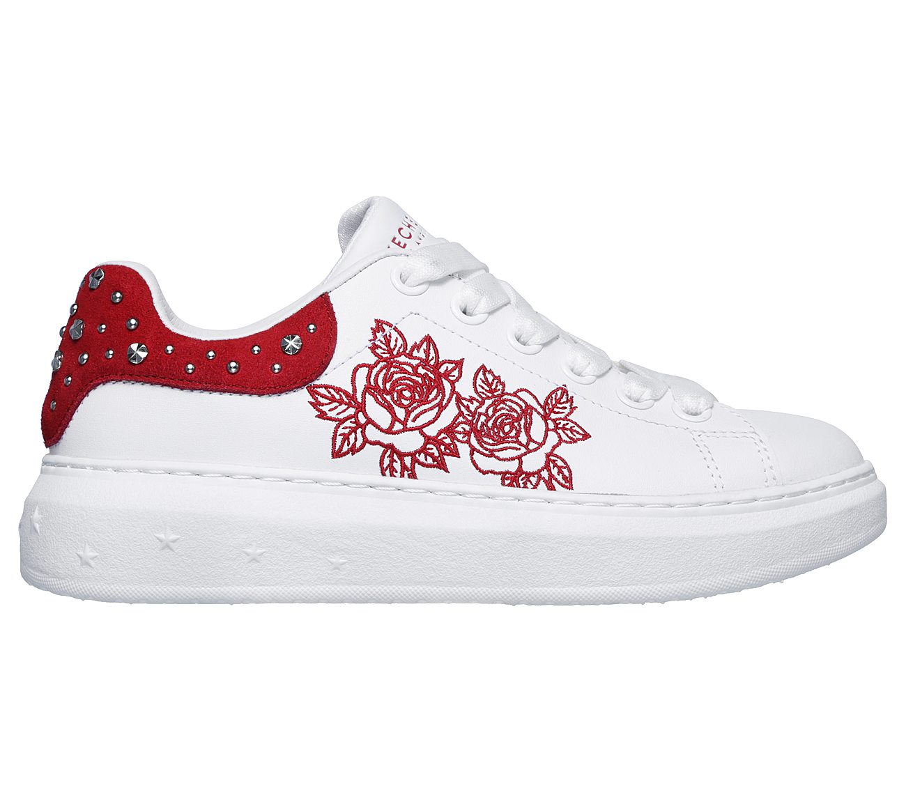 white skechers with roses