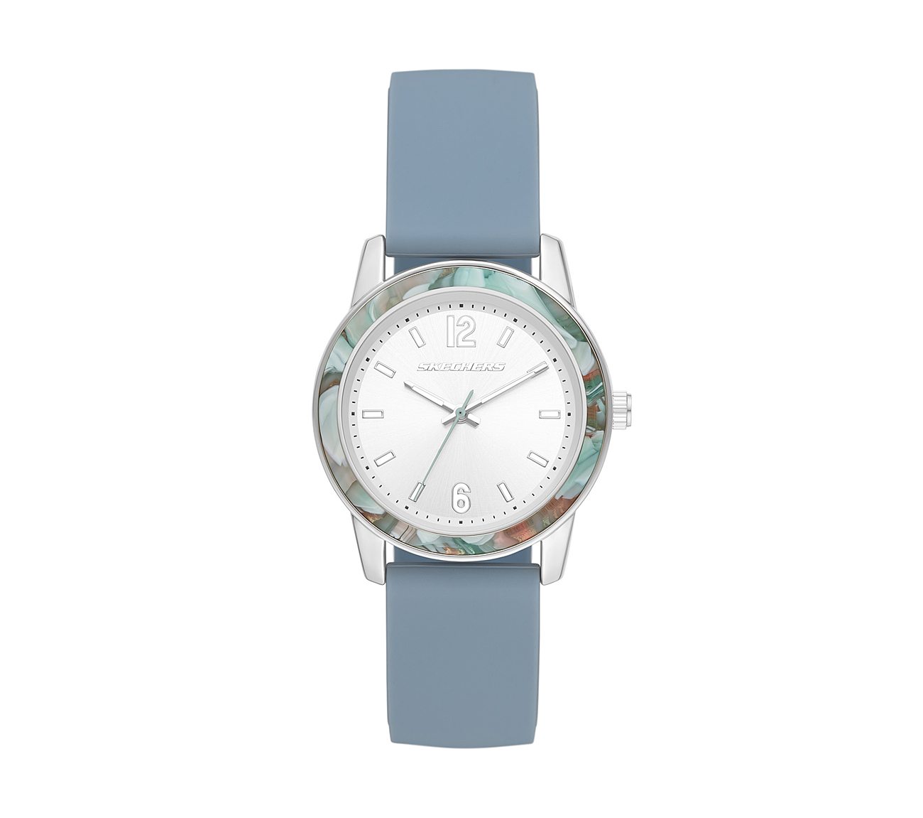 Skechers Ostrom Women'S 38Mm Quartz Analog Watch With Dual Tone Case And  Silicone Strap, White, Silver & Blue Sr6265